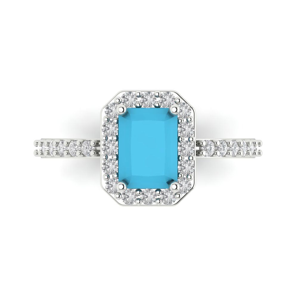 1.92 cttw Simulated Turquoise Solitaire with Zirconia Simulated Diamond Accents Engagement Ring - Solid Gold (Emerald Cut,7.5X5.5mm)