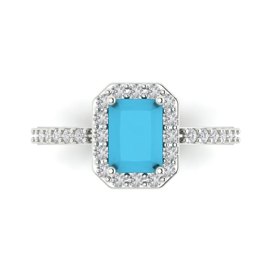 1.92 cttw Simulated Turquoise Solitaire with Zirconia Simulated Diamond Accents Engagement Ring - Solid White Gold (VVS1, Emerald Cut,7.5X5.5mm)