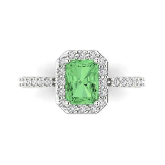 1.92 cttw Zirconia Simulated Green Diamond Solitaire with Zirconia Simulated Diamond Accents Engagement Ring - Solid White Gold (VVS1, Emerald Cut,7.5X5.5mm)