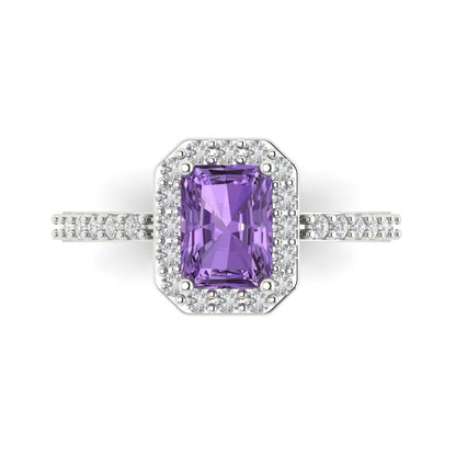 1.92 cttw Simulated Alexandrite Solitaire with Zirconia Simulated Diamond Accents Engagement Ring - Solid White Gold (VVS1, Emerald Cut,7.5X5.5mm)