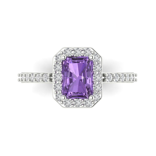 1.92 cttw Simulated Alexandrite Solitaire with Zirconia Simulated Diamond Accents Engagement Ring - Solid White Gold (VVS1, Emerald Cut,7.5X5.5mm)