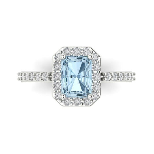 1.92 cttw Zirconia Simulated Blue Diamond Solitaire with Zirconia Simulated Diamond Accents Engagement Ring - Solid White Gold (VVS1, Emerald Cut,7.5X5.5mm)