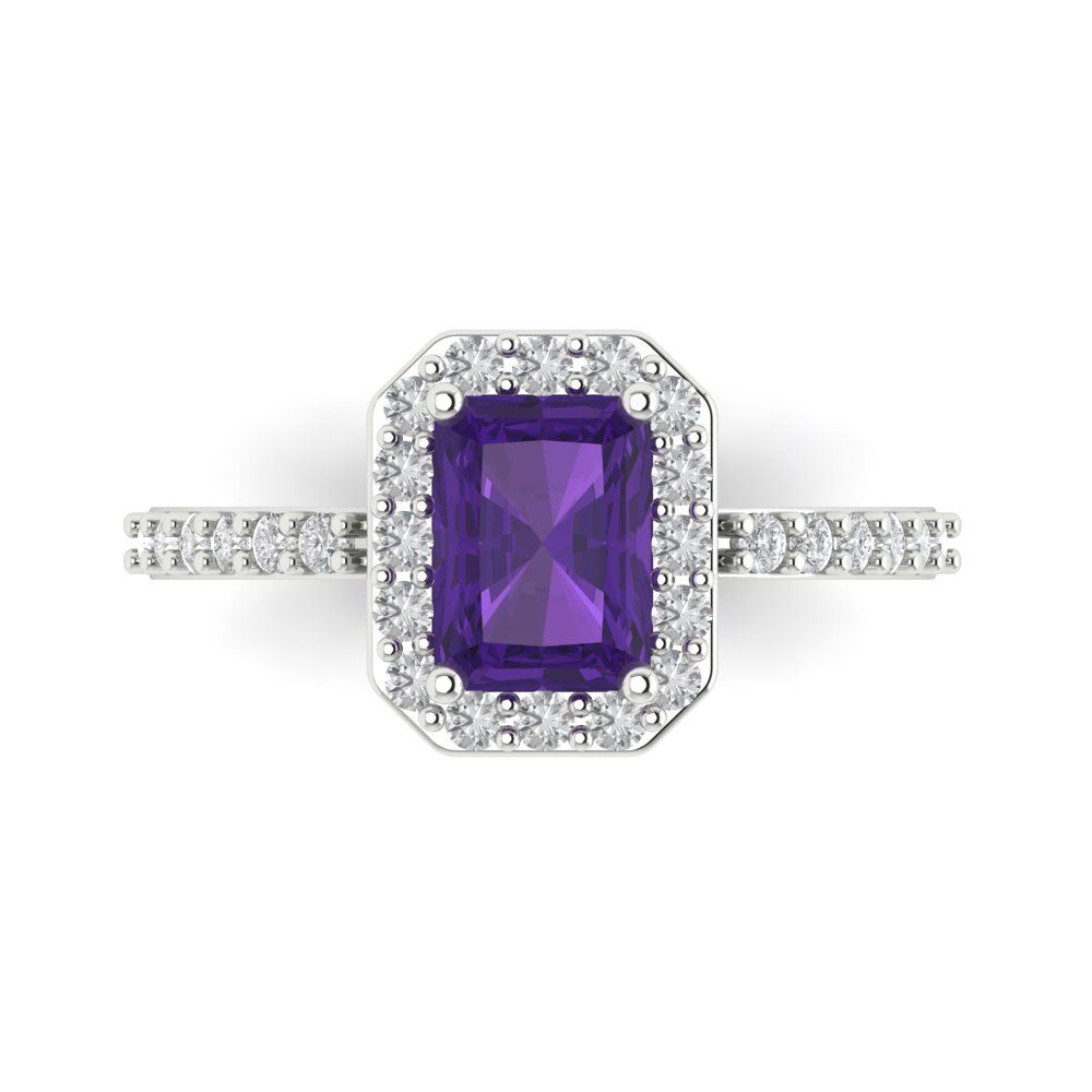 1.92 cttw Natural Amethyst Solitaire with Zirconia Simulated Diamond Accents Engagement Ring - Solid Gold (Emerald Cut,7.5X5.5mm)