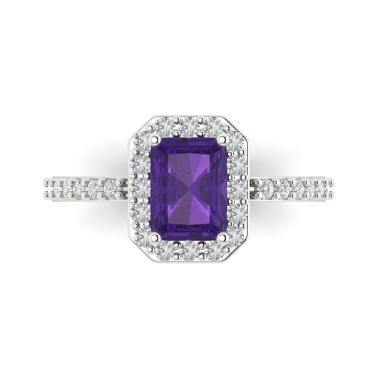 1.92 cttw Natural Amethyst Solitaire with Zirconia Simulated Diamond Accents Engagement Ring - Solid White Gold (VVS1, Emerald Cut,7.5X5.5mm)