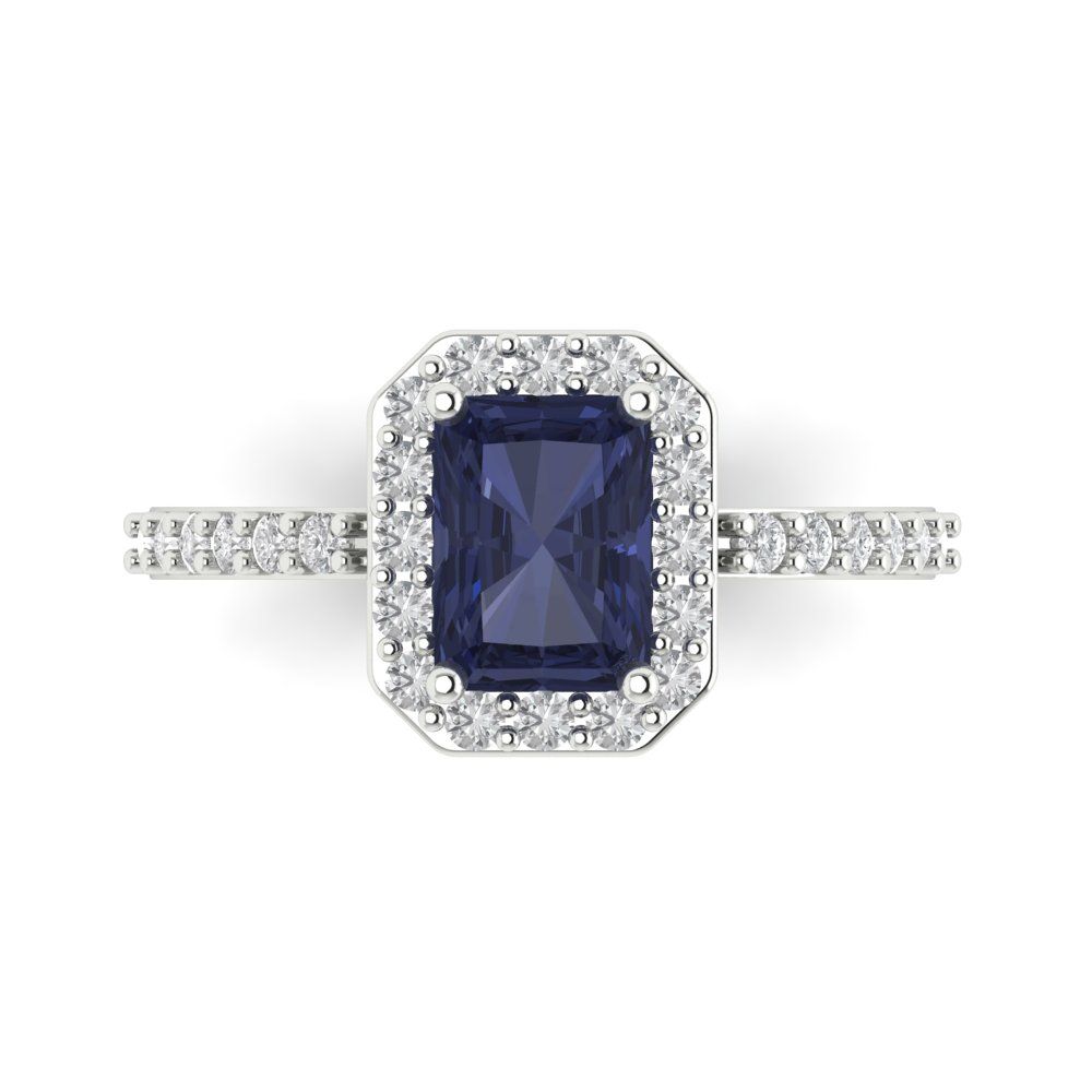 1.92 cttw Simulated Blue Sapphire Solitaire with Zirconia Simulated Diamond Accents Engagement Ring - Solid Gold (Emerald Cut,7.5X5.5mm)