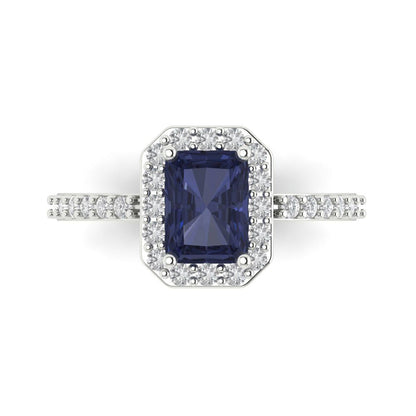 1.92 cttw Simulated Blue Sapphire Solitaire with Zirconia Simulated Diamond Accents Engagement Ring - Solid Gold (Emerald Cut,7.5X5.5mm)