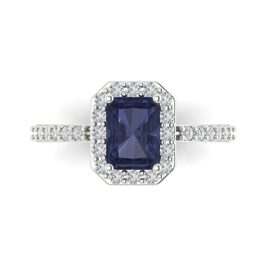 1.92 cttw Simulated Blue Sapphire Solitaire with Zirconia Simulated Diamond Accents Engagement Ring - Solid White Gold (VVS1, Emerald Cut,7.5X5.5mm)