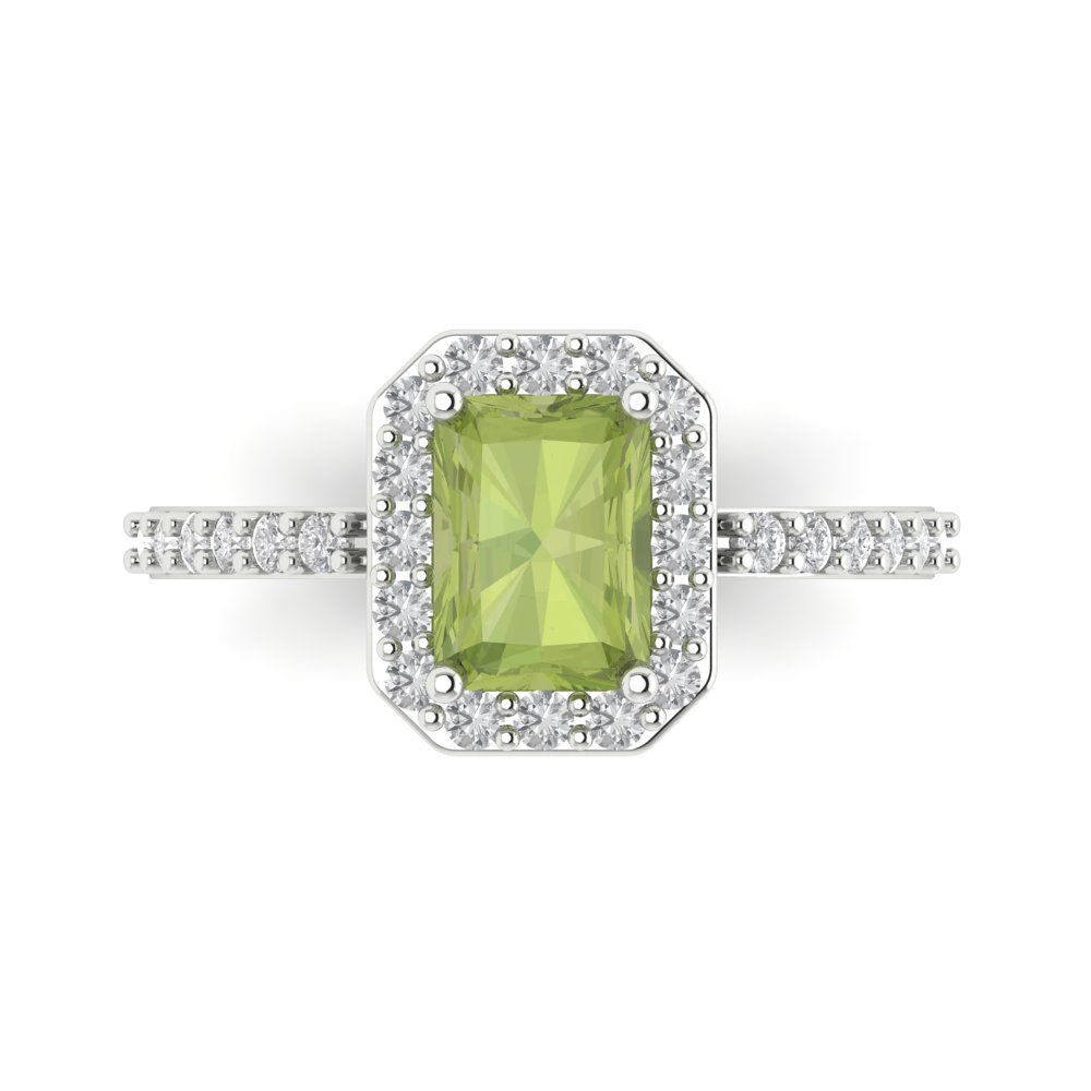 1.92 cttw Natural Peridot Solitaire with Zirconia Simulated Diamond Accents Engagement Ring - Solid White Gold (VVS1, Emerald Cut,7.5X5.5mm)
