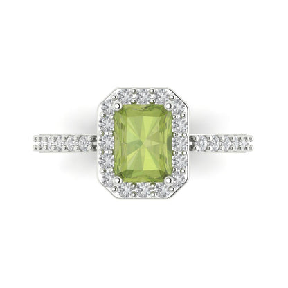 1.92 cttw Natural Peridot Solitaire with Zirconia Simulated Diamond Accents Engagement Ring - Solid White Gold (VVS1, Emerald Cut,7.5X5.5mm)