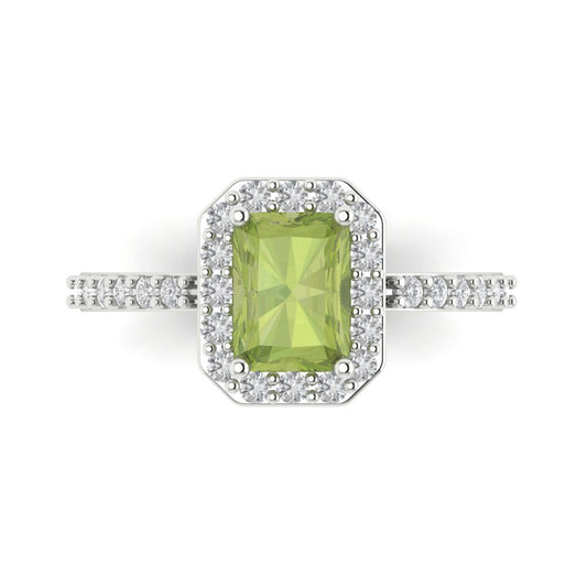 1.92 cttw Natural Peridot Solitaire with Zirconia Simulated Diamond Accents Engagement Ring - Solid White Gold (VVS1, Emerald Cut,7.5X5.5mm)