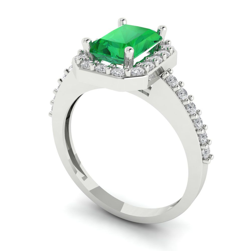1.92 cttw Simulated Emerald Solitaire with Zirconia Simulated Diamond Accents Engagement Ring - Solid White Gold (VVS1, Emerald Cut,7.5X5.5mm)