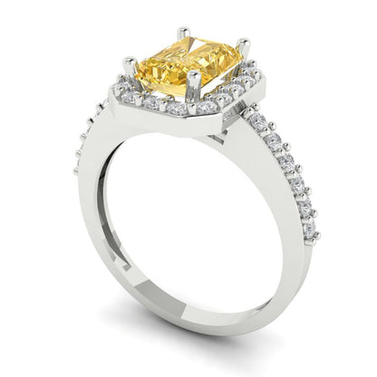 1.92 cttw Zirconia Simulated Yellow Diamond Solitaire with Zirconia Simulated Diamond Accents Engagement Ring - Solid Gold (VVS1, Emerald Cut,7.5X5.5mm)