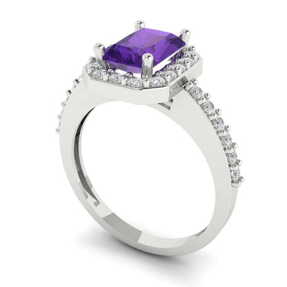 1.92 cttw Natural Amethyst Solitaire with Zirconia Simulated Diamond Accents Engagement Ring - Solid Gold (Emerald Cut,7.5X5.5mm)