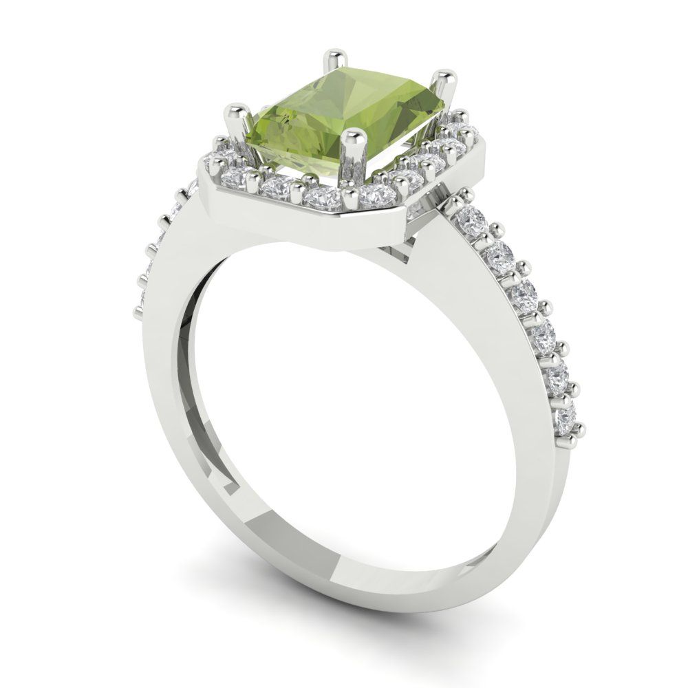 1.92 cttw Natural Peridot Solitaire with Zirconia Simulated Diamond Accents Engagement Ring - Solid White Gold (VVS1, Emerald Cut,7.5X5.5mm)