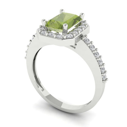 1.92 cttw Natural Peridot Solitaire with Zirconia Simulated Diamond Accents Engagement Ring - Solid White Gold (VVS1, Emerald Cut,7.5X5.5mm)