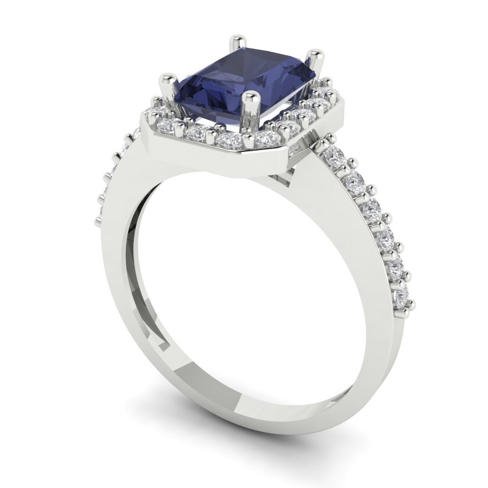 1.92 cttw Simulated Blue Sapphire Solitaire with Zirconia Simulated Diamond Accents Engagement Ring - Solid Gold (Emerald Cut,7.5X5.5mm)