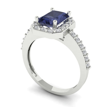 1.92 cttw Simulated Blue Sapphire Solitaire with Zirconia Simulated Diamond Accents Engagement Ring - Solid Gold (Emerald Cut,7.5X5.5mm)