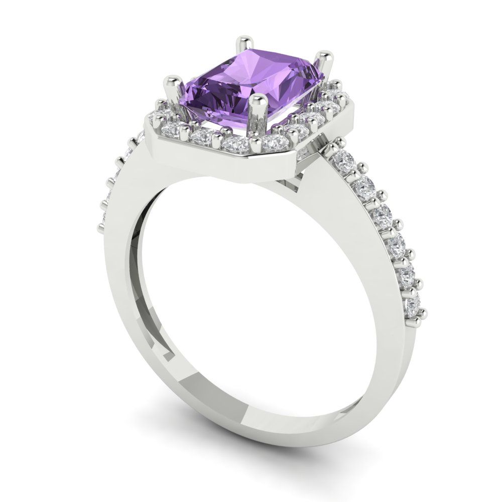 1.92 cttw Simulated Alexandrite Solitaire with Zirconia Simulated Diamond Accents Engagement Ring - Solid White Gold (VVS1, Emerald Cut,7.5X5.5mm)