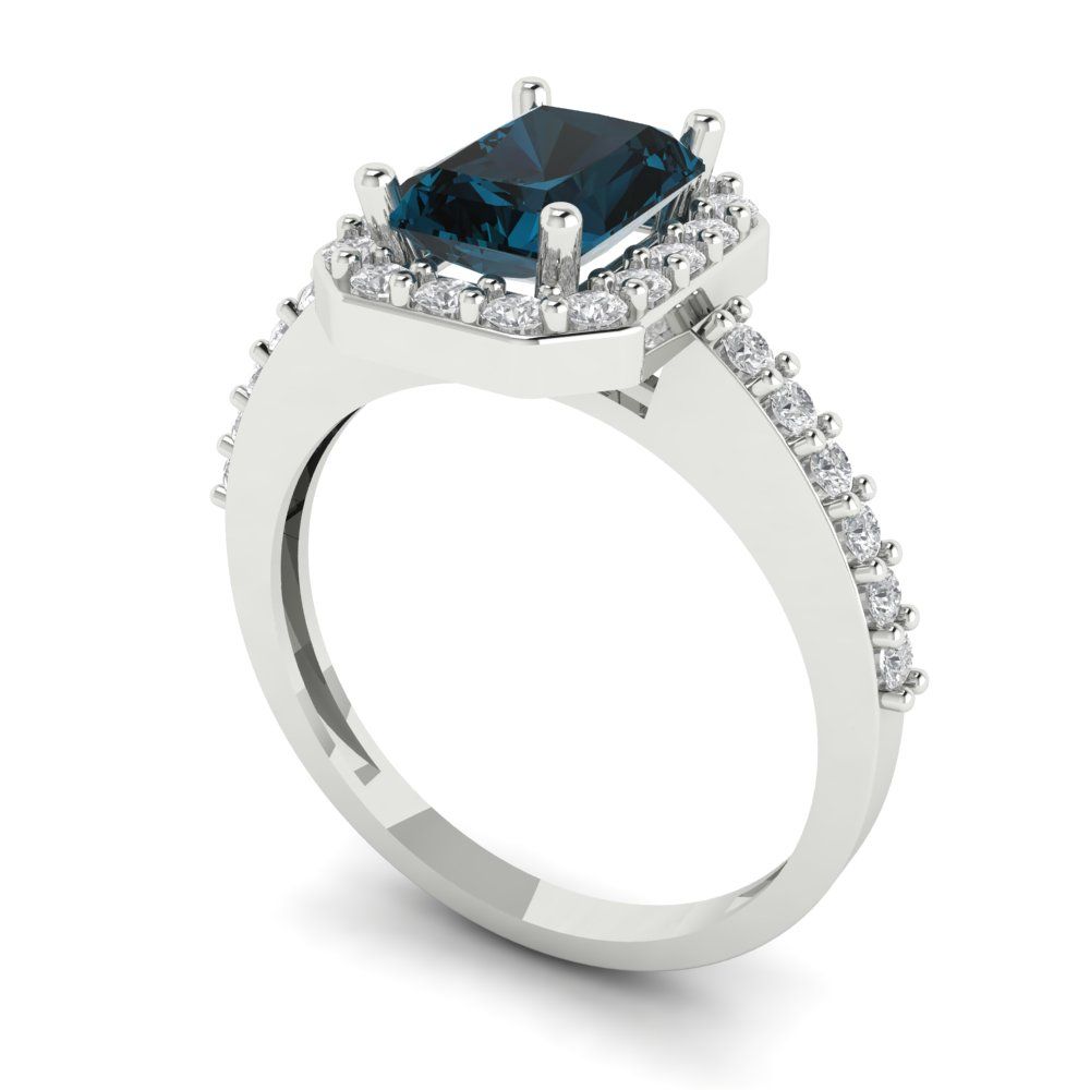 1.92 cttw Natural London Blue Topaz Solitaire with Zirconia Simulated Diamond Accents Engagement Ring - Solid Gold (Emerald Cut,7.5X5.5mm)