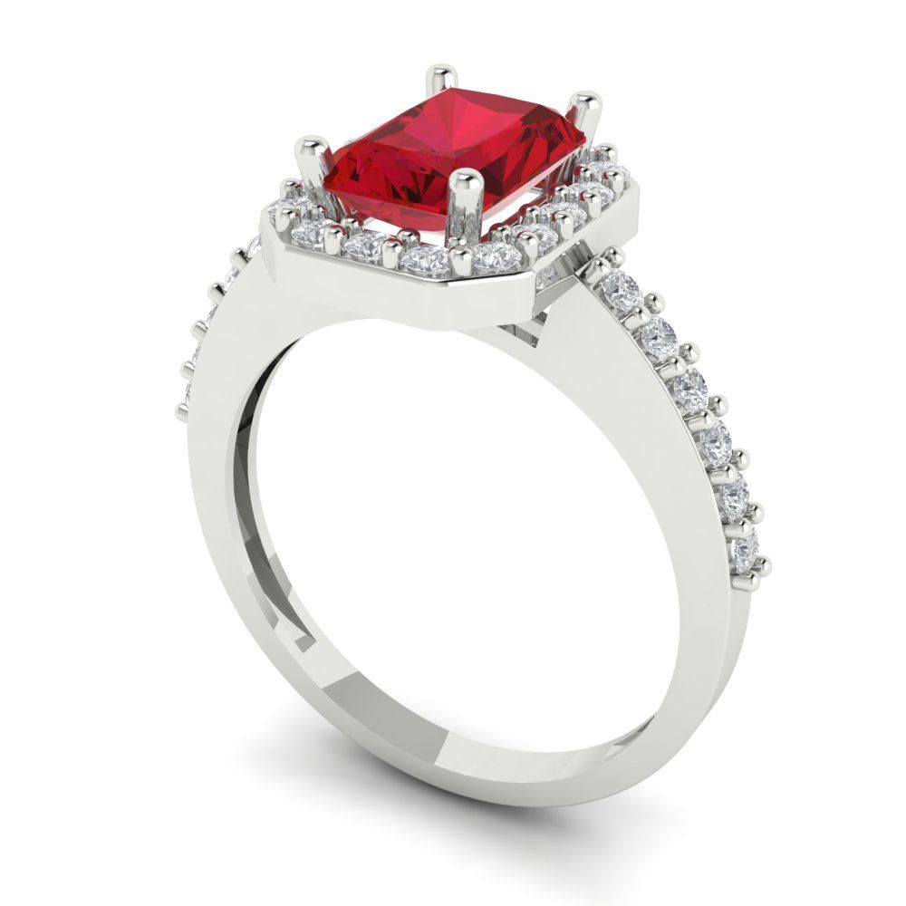1.92 cttw Simulated Ruby Solitaire with Zirconia Simulated Diamond Accents Engagement Ring - Solid White Gold (VVS1, Emerald Cut,7.5X5.5mm)