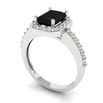 1.92 cttw Natural Onyx Solitaire with Zirconia Simulated Diamond Accents Engagement Ring - Solid Gold (Emerald Cut,7.5X5.5mm)