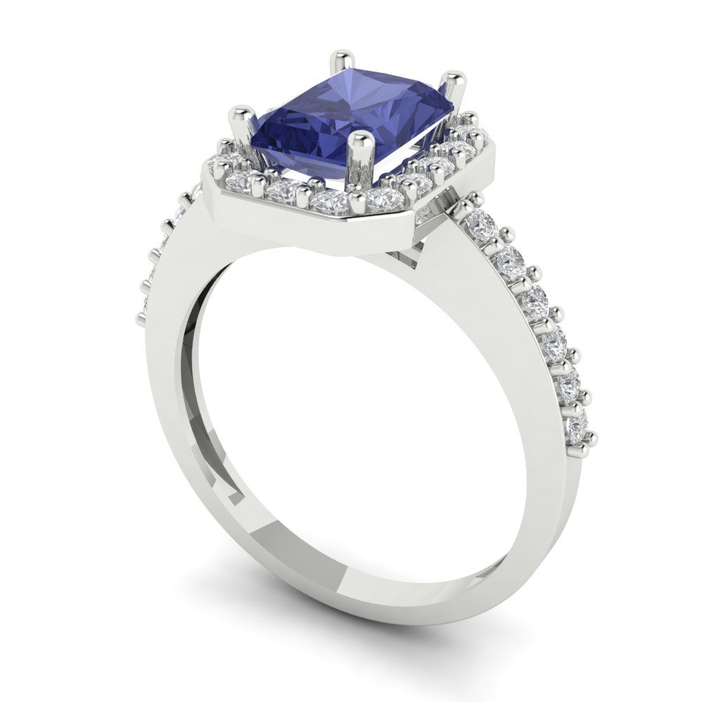 1.92 cttw Simulated Tanzanite Solitaire with Zirconia Simulated Diamond Accents Engagement Ring - Solid Gold (Emerald Cut,7.5X5.5mm)
