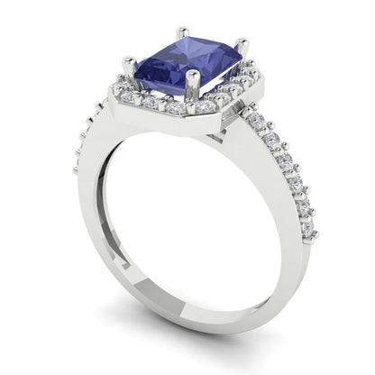 1.92 cttw Simulated Tanzanite Solitaire with Zirconia Simulated Diamond Accents Engagement Ring - Solid Gold (Emerald Cut,7.5X5.5mm)
