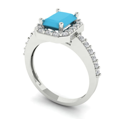 1.92 cttw Simulated Turquoise Solitaire with Zirconia Simulated Diamond Accents Engagement Ring - Solid Gold (Emerald Cut,7.5X5.5mm)
