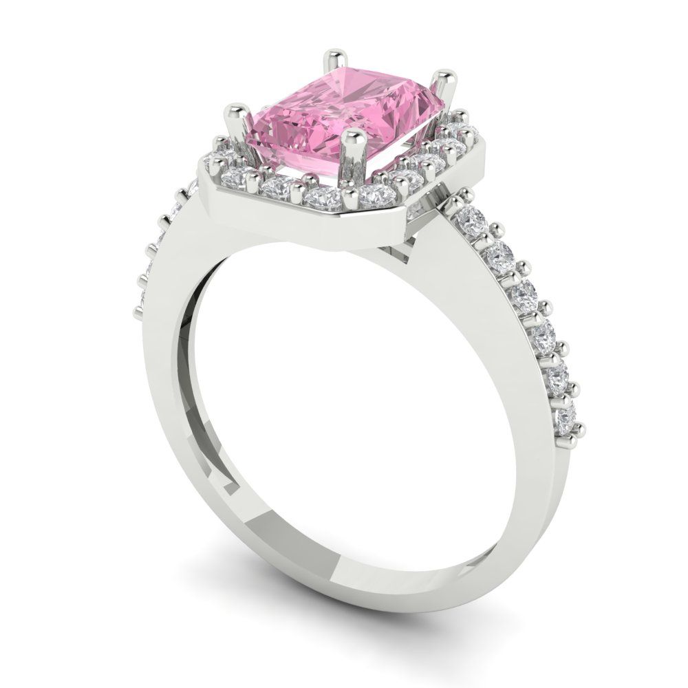 1.92 cttw Zirconia Simulated Pink Diamond Solitaire with Zirconia Simulated Diamond Accents Engagement Ring - Solid Gold (VVS1, Emerald Cut,7.5X5.5mm)
