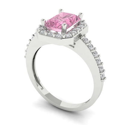 1.92 cttw Zirconia Simulated Pink Diamond Solitaire with Zirconia Simulated Diamond Accents Engagement Ring - Solid Gold (VVS1, Emerald Cut,7.5X5.5mm)