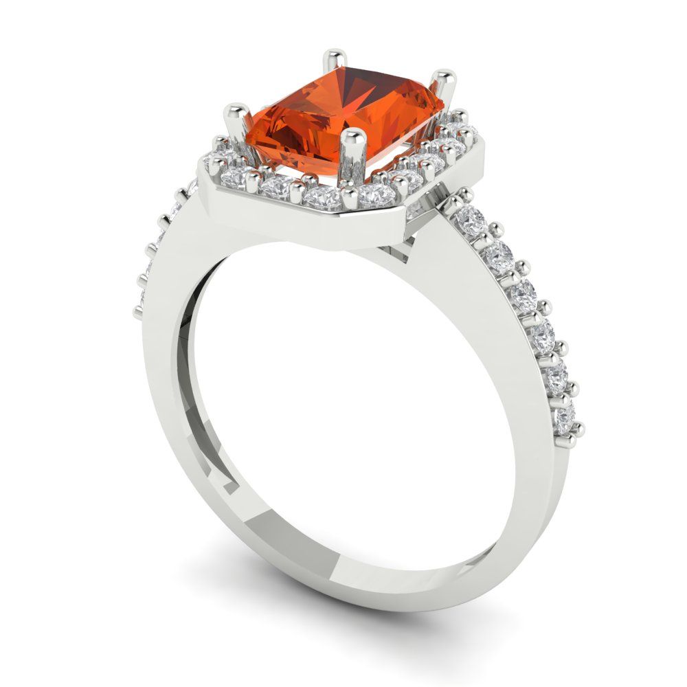 1.92 cttw Zirconia Simulated Red Diamond Solitaire with Zirconia Simulated Diamond Accents Engagement Ring - Solid White Gold (VVS1, Emerald Cut,7.5X5.5mm)