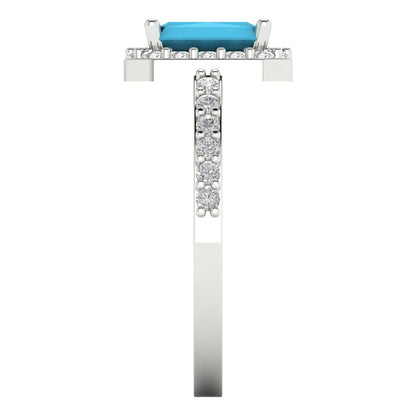 1.92 cttw Simulated Turquoise Solitaire with Zirconia Simulated Diamond Accents Engagement Ring - Solid Gold (Emerald Cut,7.5X5.5mm)