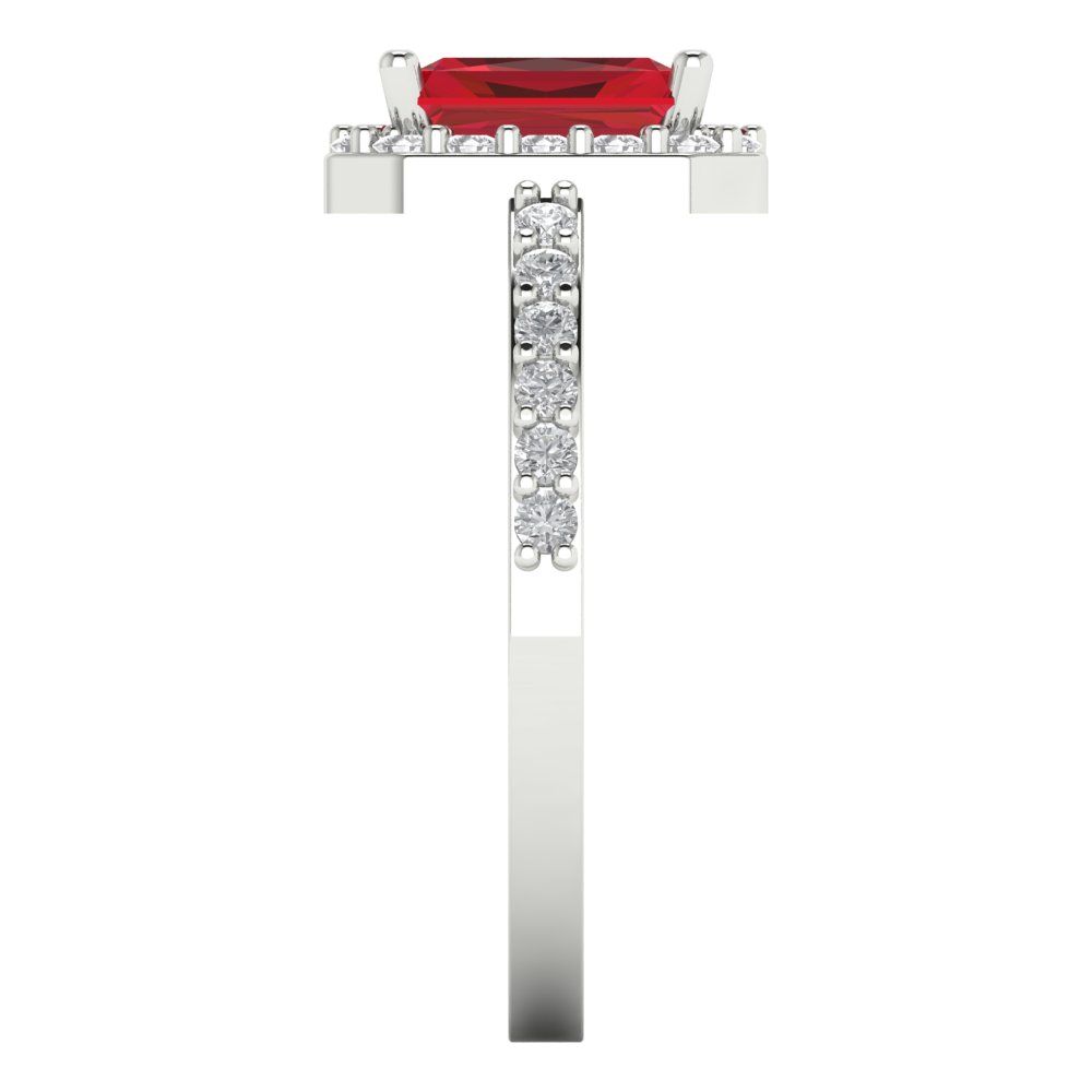 1.92 cttw Simulated Ruby Solitaire with Zirconia Simulated Diamond Accents Engagement Ring - Solid White Gold (VVS1, Emerald Cut,7.5X5.5mm)