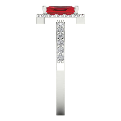 1.92 cttw Simulated Ruby Solitaire with Zirconia Simulated Diamond Accents Engagement Ring - Solid White Gold (VVS1, Emerald Cut,7.5X5.5mm)