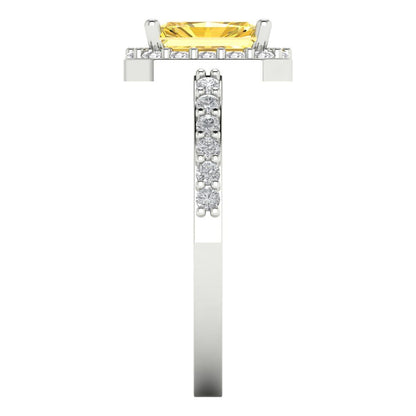 1.92 cttw Zirconia Simulated Yellow Diamond Solitaire with Zirconia Simulated Diamond Accents Engagement Ring - Solid Gold (VVS1, Emerald Cut,7.5X5.5mm)
