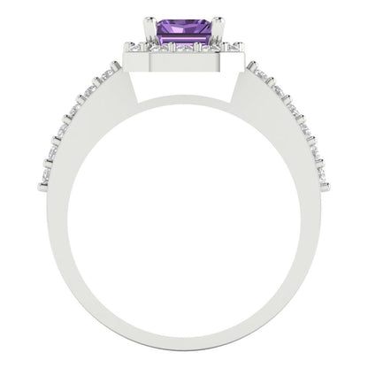 1.92 cttw Simulated Alexandrite Solitaire with Zirconia Simulated Diamond Accents Engagement Ring - Solid White Gold (VVS1, Emerald Cut,7.5X5.5mm)