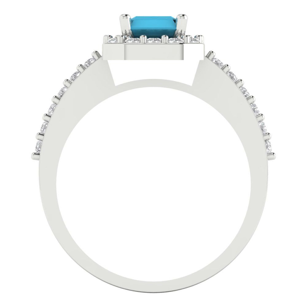 1.92 cttw Simulated Turquoise Solitaire with Zirconia Simulated Diamond Accents Engagement Ring - Solid Gold (Emerald Cut,7.5X5.5mm)