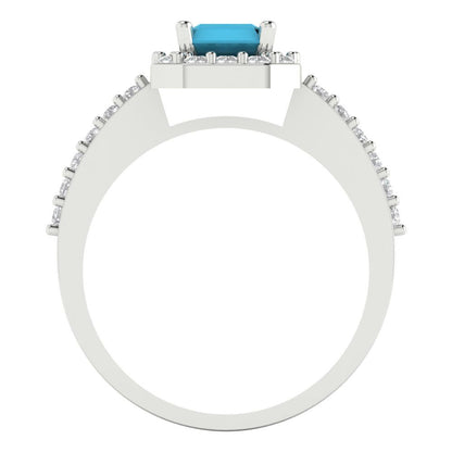 1.92 cttw Simulated Turquoise Solitaire with Zirconia Simulated Diamond Accents Engagement Ring - Solid Gold (Emerald Cut,7.5X5.5mm)