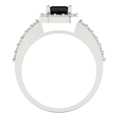 1.92 cttw Natural Onyx Solitaire with Zirconia Simulated Diamond Accents Engagement Ring - Solid Gold (Emerald Cut,7.5X5.5mm)