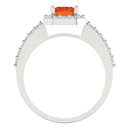 1.92 cttw Simulated Ruby Solitaire with Zirconia Simulated Diamond Accents Engagement Ring - Solid White Gold (VVS1, Emerald Cut,7.5X5.5mm)