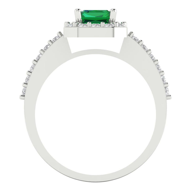 2.07 ct Brilliant Emerald Cut Simulated Emerald Stone White Gold halo Solitaire with Accents Ring