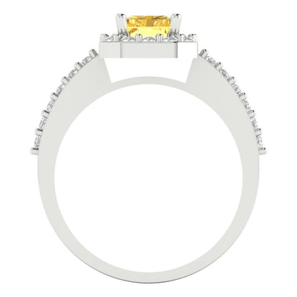 1.92 cttw Zirconia Simulated Yellow Diamond Solitaire with Zirconia Simulated Diamond Accents Engagement Ring - Solid Gold (VVS1, Emerald Cut,7.5X5.5mm)