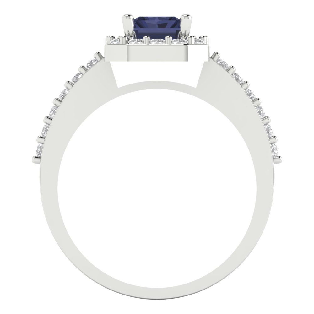 1.92 cttw Simulated Blue Sapphire Solitaire with Zirconia Simulated Diamond Accents Engagement Ring - Solid Gold (Emerald Cut,7.5X5.5mm)