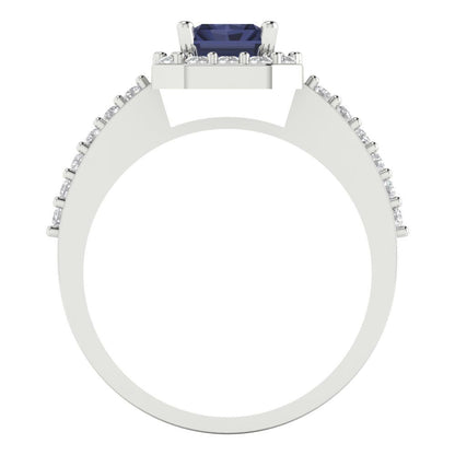 1.92 cttw Simulated Blue Sapphire Solitaire with Zirconia Simulated Diamond Accents Engagement Ring - Solid Gold (Emerald Cut,7.5X5.5mm)