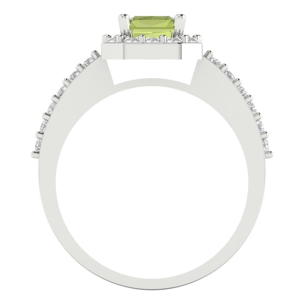 1.92 cttw Natural Peridot Solitaire with Zirconia Simulated Diamond Accents Engagement Ring - Solid White Gold (VVS1, Emerald Cut,7.5X5.5mm)