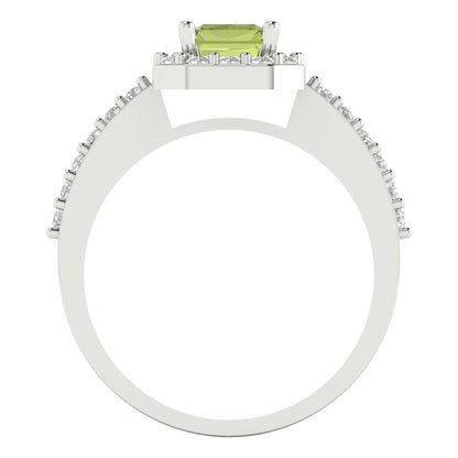 1.92 cttw Natural Peridot Solitaire with Zirconia Simulated Diamond Accents Engagement Ring - Solid White Gold (VVS1, Emerald Cut,7.5X5.5mm)