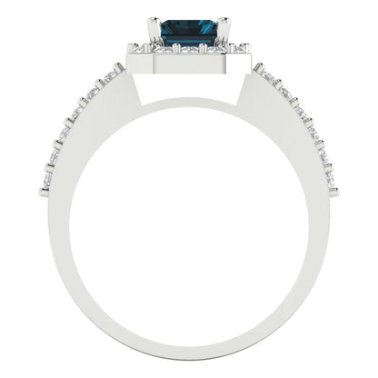 1.92 cttw Natural London Blue Topaz Solitaire with Zirconia Simulated Diamond Accents Engagement Ring - Solid Gold (Emerald Cut,7.5X5.5mm)