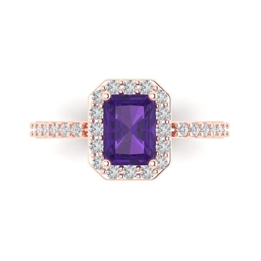 1.92 cttw Natural Amethyst Solitaire with Zirconia Simulated Diamond Accents Engagement Ring - Solid Rose Gold (VVS1, Emerald Cut,7.5X5.5mm)
