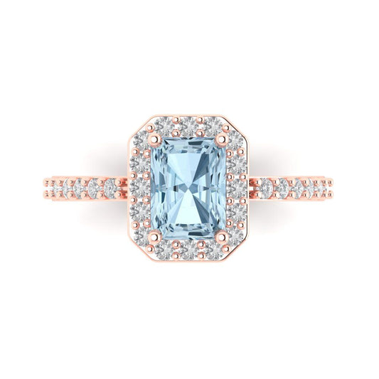 1.92 cttw Natural Aquamarine Solitaire with Zirconia Simulated Diamond Accents Engagement Ring - Solid Rose Gold (VVS1, Emerald Cut,7.5X5.5mm)