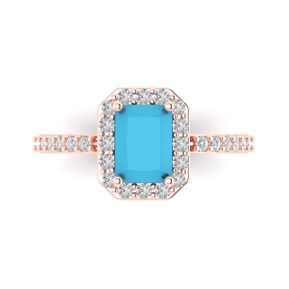 1.92 cttw Simulated Turquoise Solitaire with Zirconia Simulated Diamond Accents Engagement Ring - Solid Gold (Emerald Cut,7.5X5.5mm)